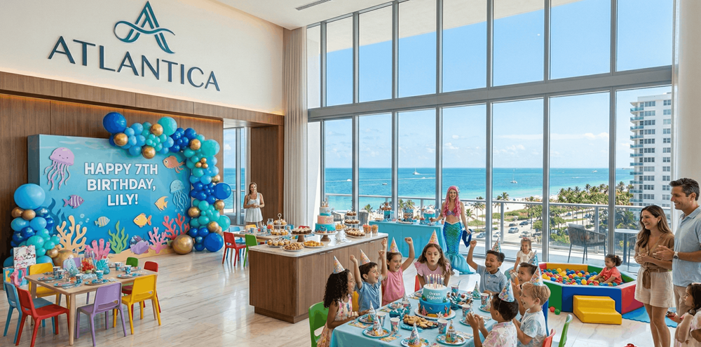 Residents celebrating a birthday party in a modern building event space